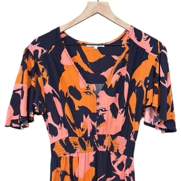 Abel The Label Clare Combo Maxi Dress Flutter Sleeve Smocked Pleated Small - Picture 7 of 13